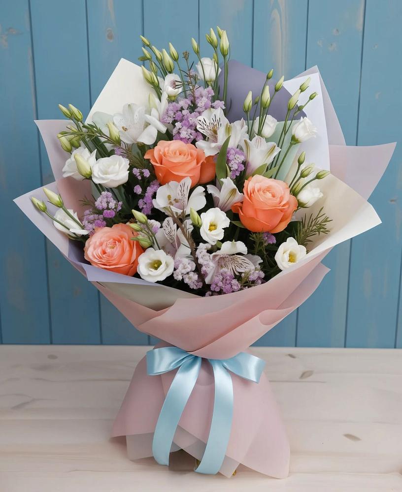 Букет цветов из: Лизиантусы, Розы, Альстромерии и Гипсофила в Кондрово