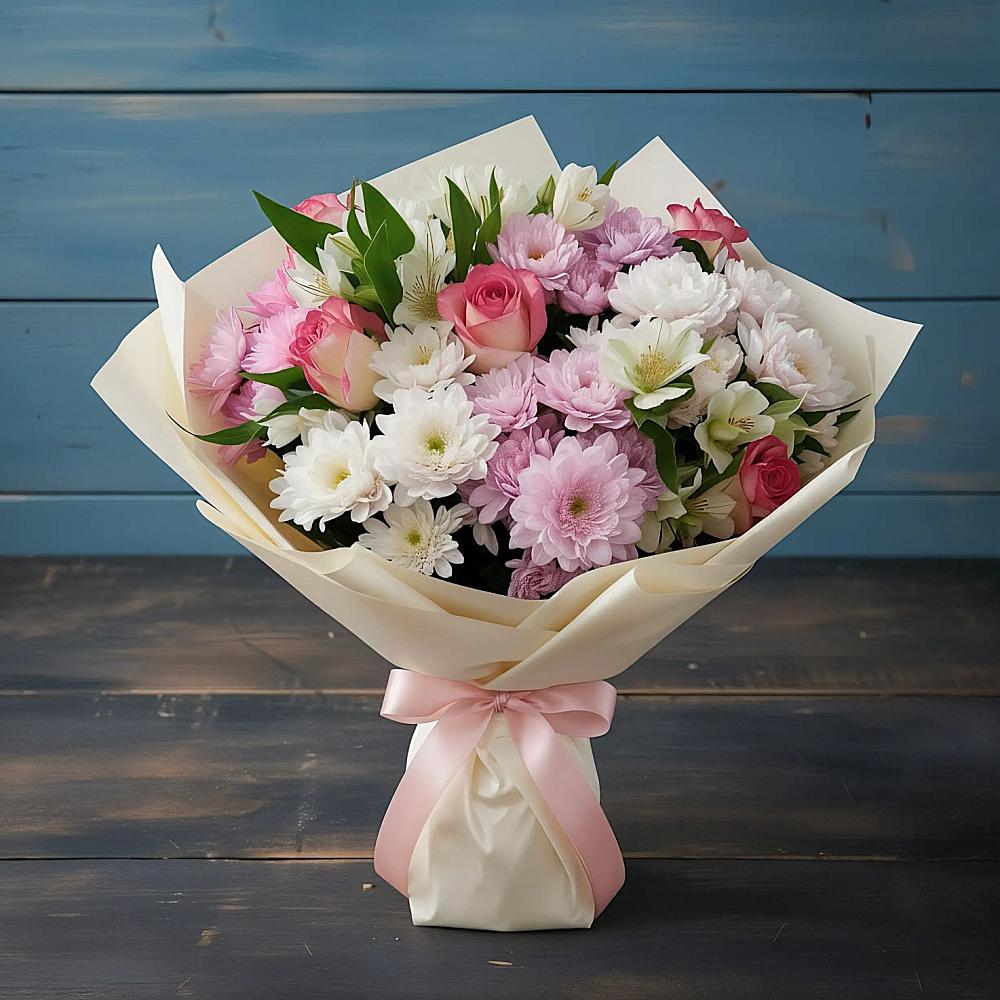 Букет цветов из: Хризантемы, Альстромерии и Розы в Кондрово